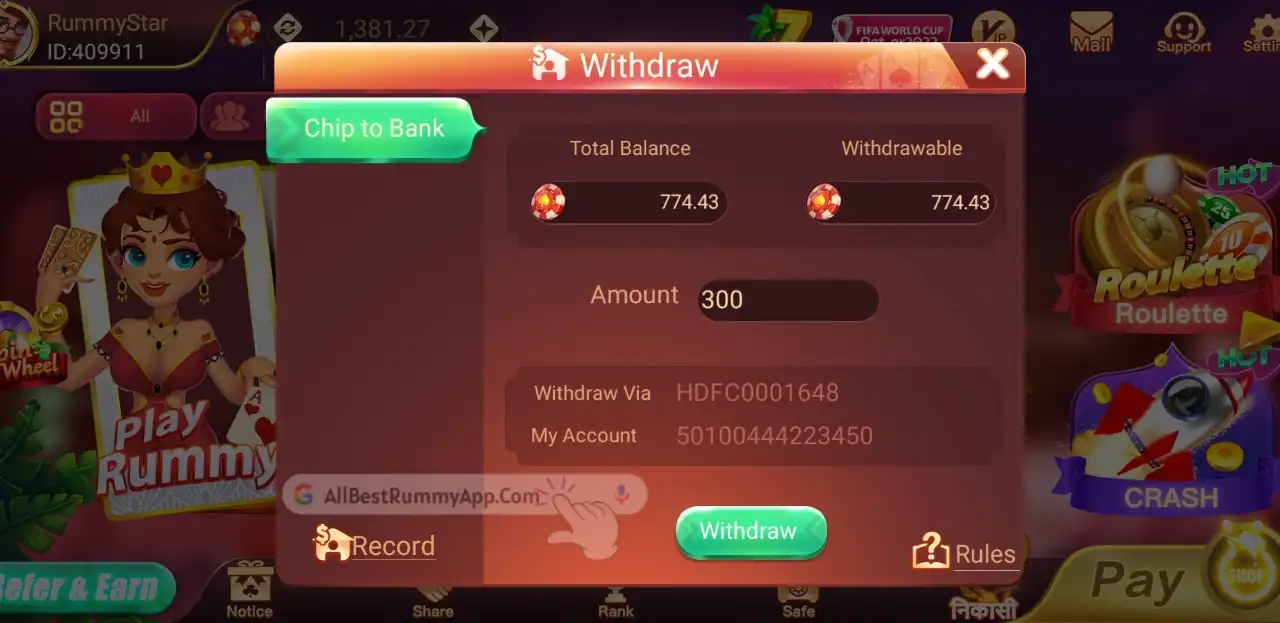 Rummy Star APK Withdraw Process